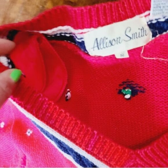 Vintage 80s Preppy Red V-neck Knit Sweater Patriotic Cotton - Picture 12 of 12